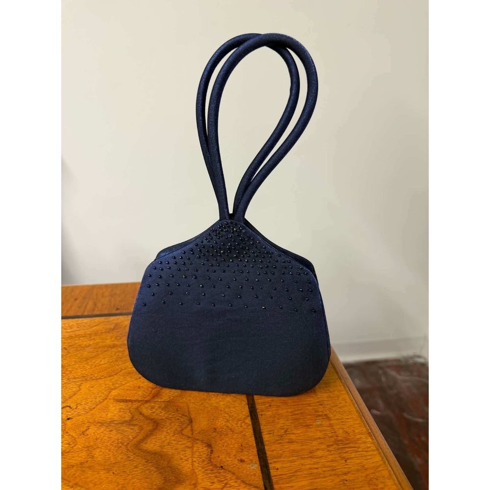 Vtg Women's Small Navy Blue Satin Evening Bag Beaded Formal Clutch Handbag Prom